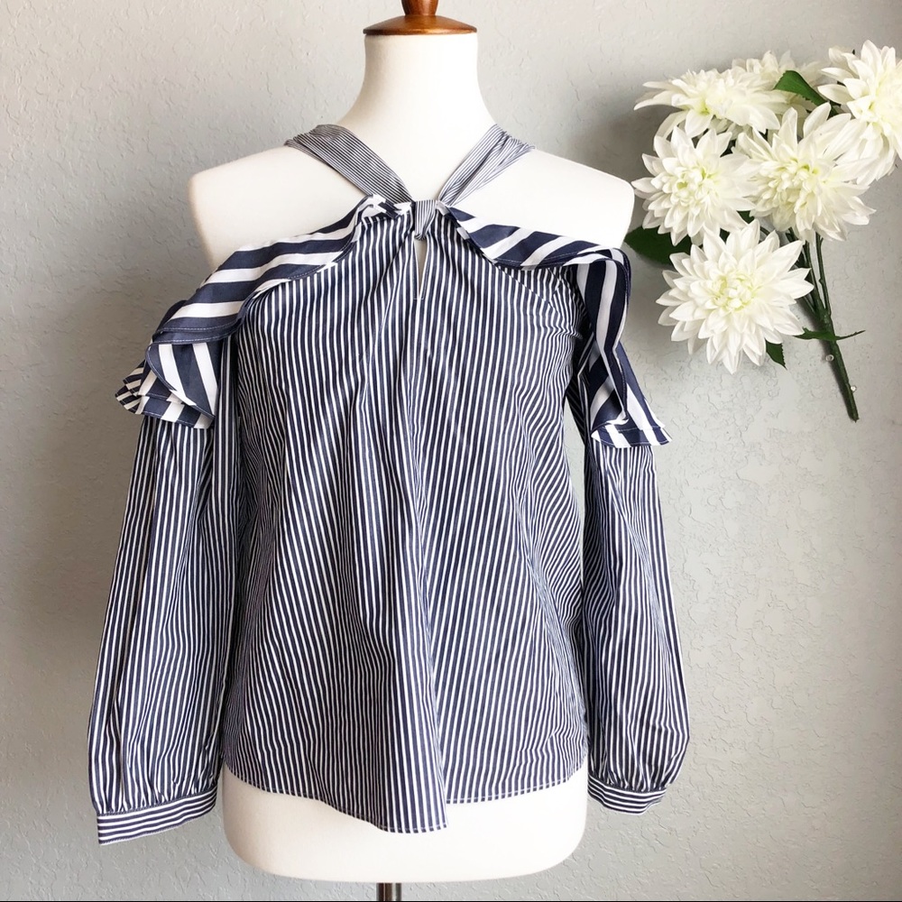 J. Crew Pin Striped Cold Shoulder Blouse